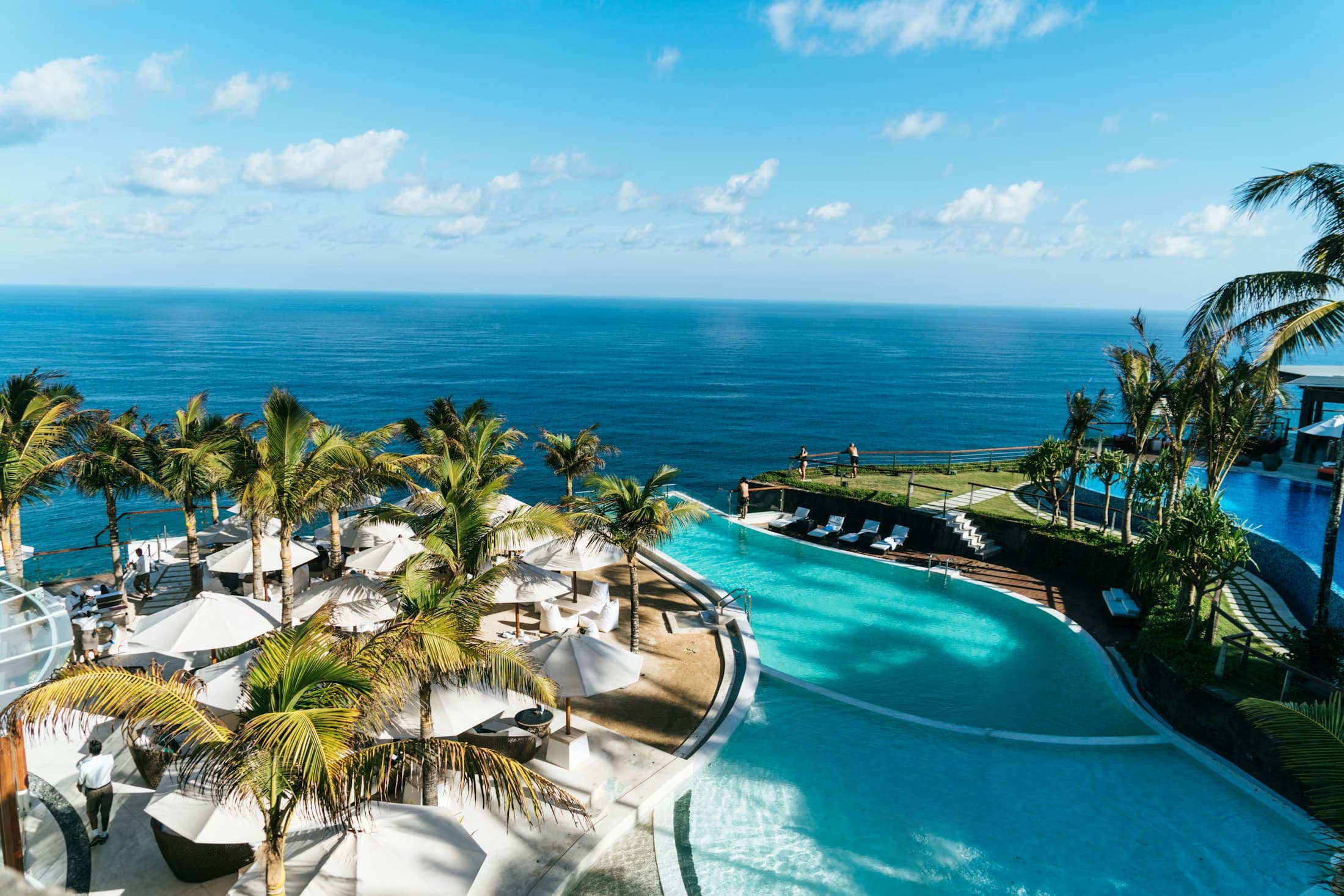 A terrace pool beside open water and palm trees.